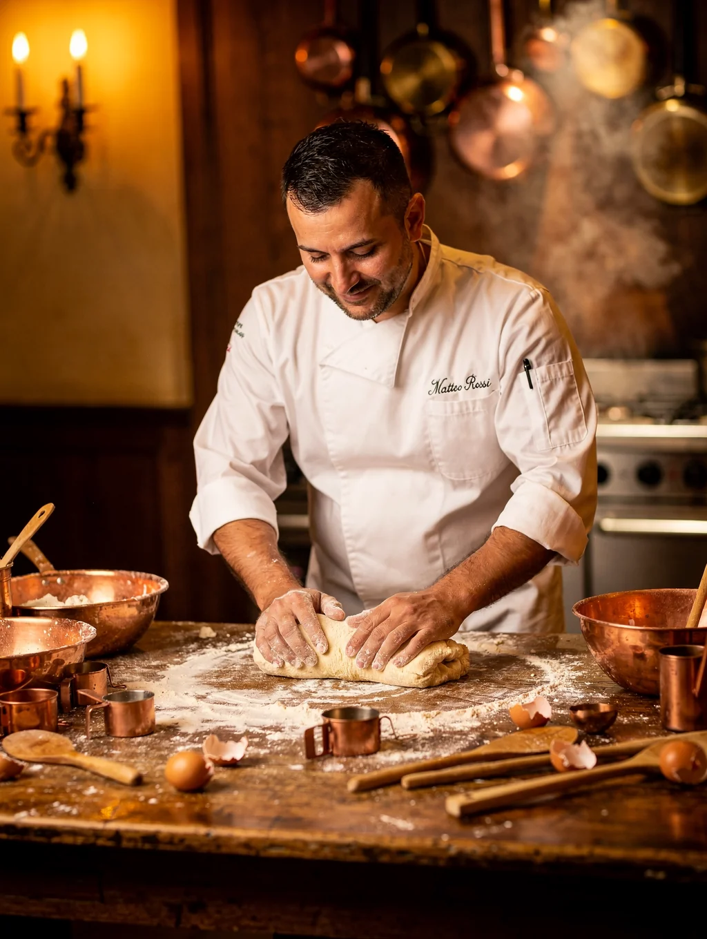 Chef Alessandro Rossi hand-rolling fresh pasta in the kitchen