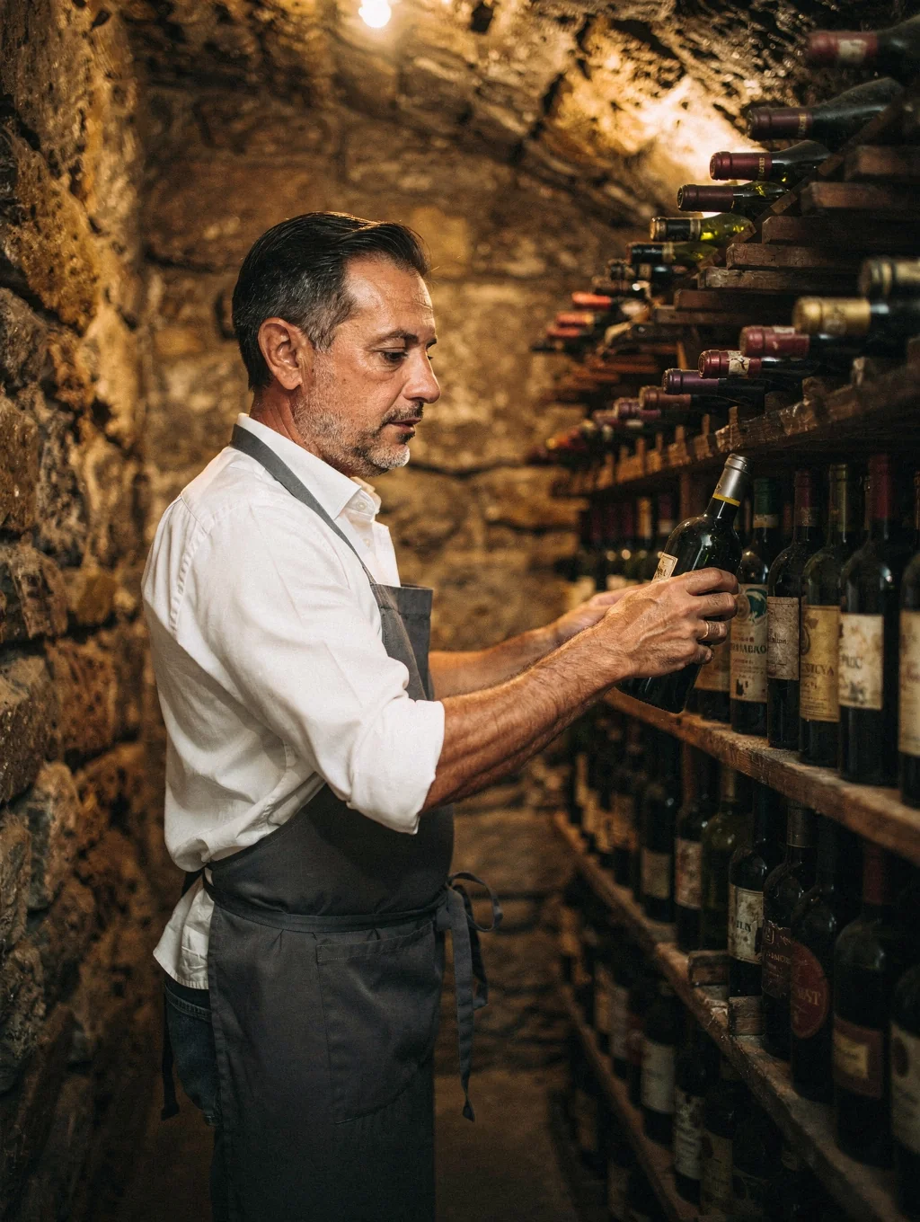 Marco Bianchi selecting a vintage wine for a guest