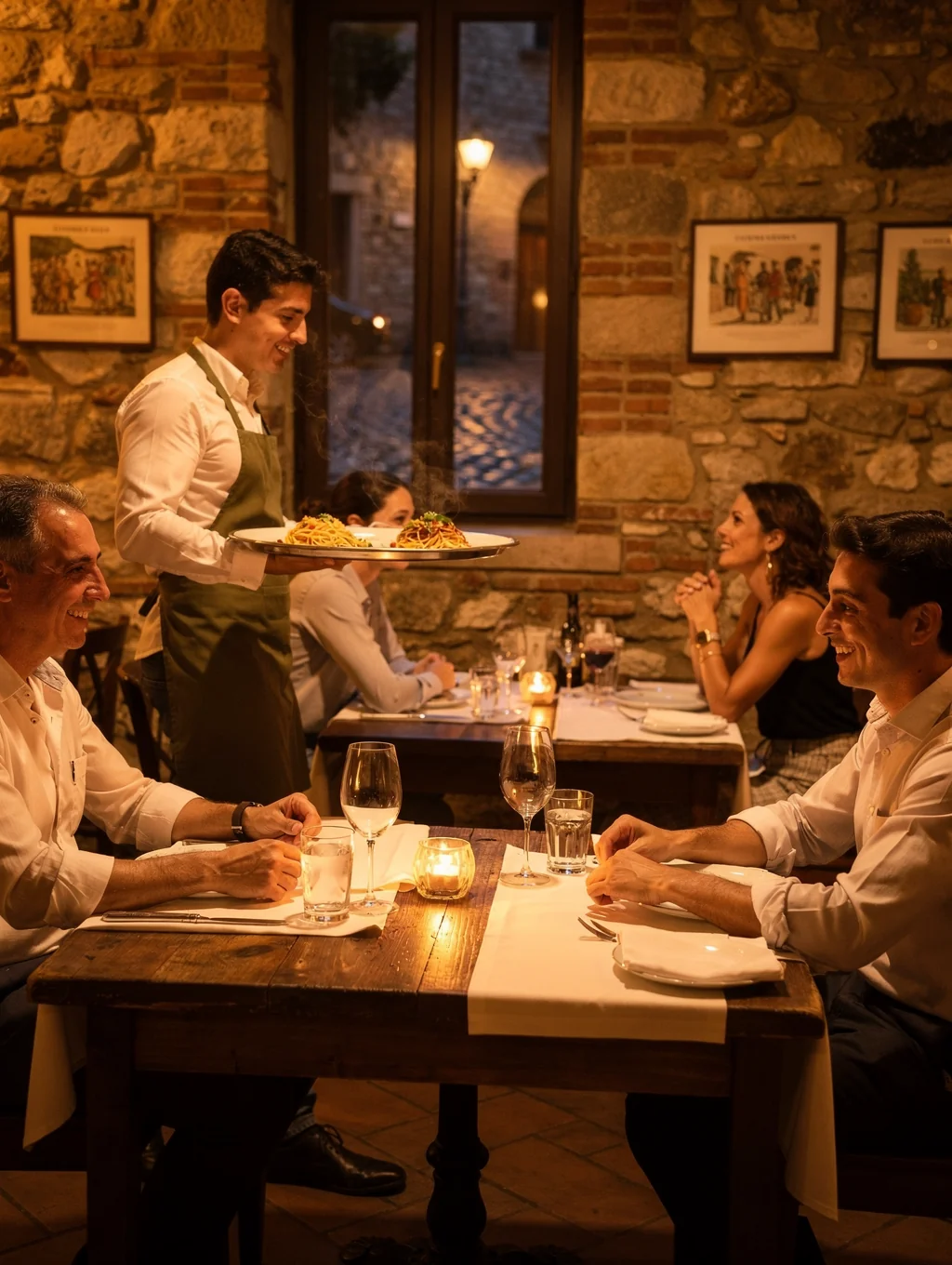 Cozy Italian dining room with warm candlelight and stone textures